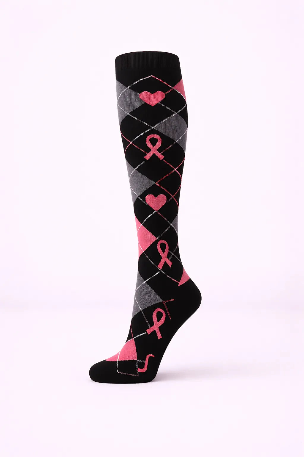 Joyful Compression – Pink Ribbon Argyle