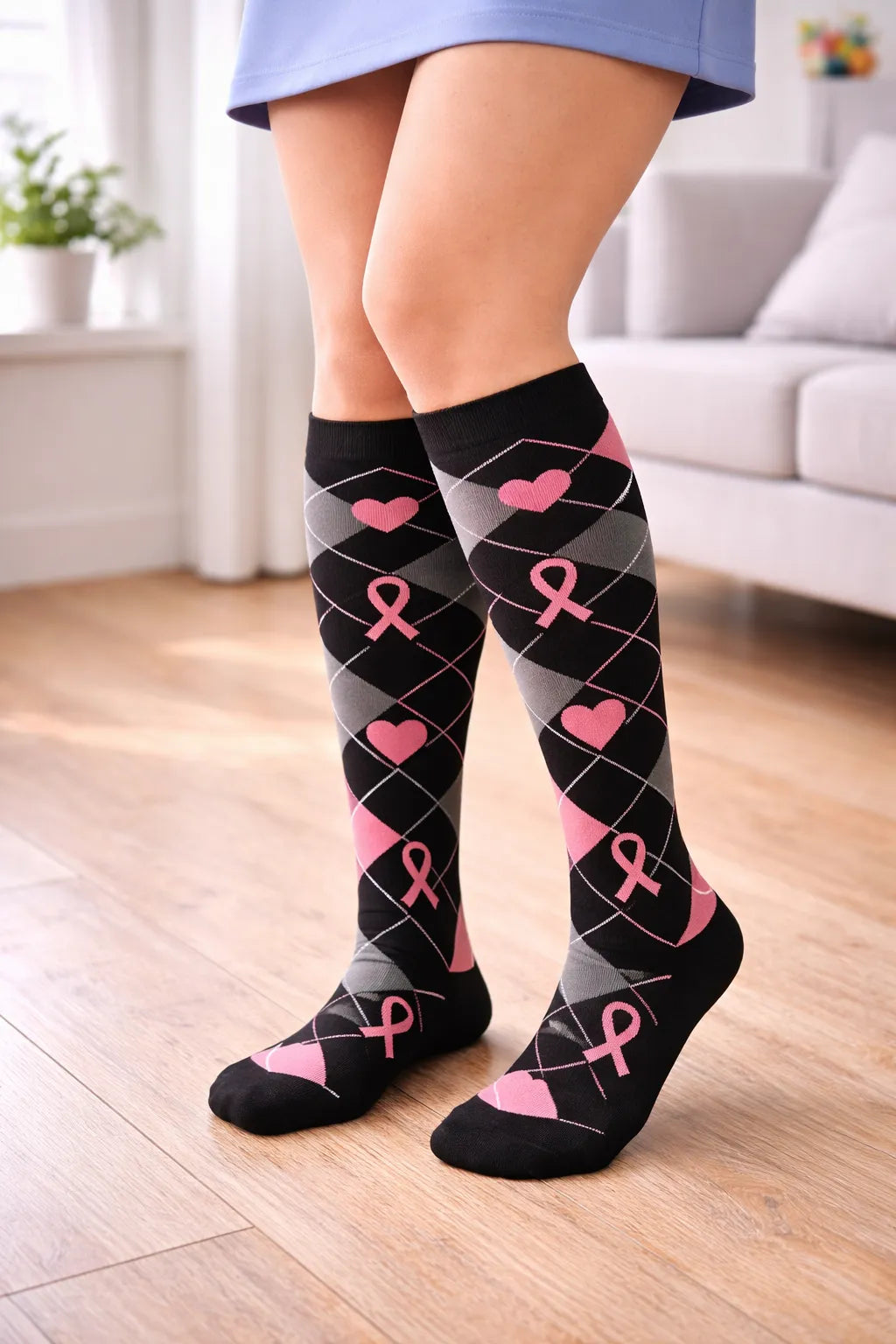 Joyful Compression – Pink Ribbon Argyle